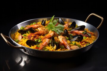 Delicious paella on a metal tray against a white marble background