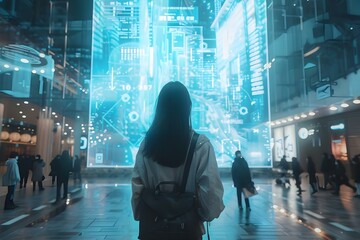 City dwellers interact with holographic digital displays in a futuristic urban setting. Concept Futuristic Technology, Urban Lifestyle, Digital Interactions, Holographic Displays, City Dwellers