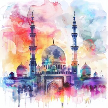 Eid Mubarak Hand draw decorative ramadan kareem moon sketch card design Intricate Wonders of Watercolor Mosques in Islamic Art. High quality photo