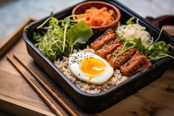 Exquisite ramen in a bento box against a white marble background