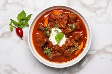 Juicy goulash on a marble slab against a white marble background