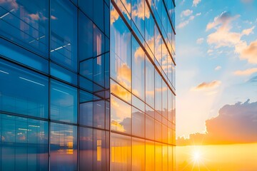 A modern office building at sunset symbolizing success and growth in business. Concept Architecture, Office building, Sunset, Success, Business