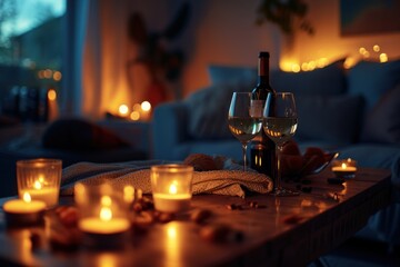 A table with a bottle of wine and glasses, surrounded by lit candles.