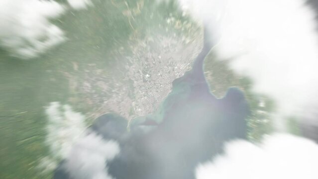 Earth zoom in from space to Davao, Philippines. Followed by zoom out through clouds and atmosphere into space. Satellite view. Travel intro. Images from NASA