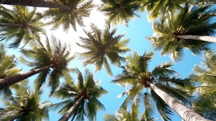 Fototapeta na wymiar Fruitful coconut trees seen from below against the background of the sky, AI generated