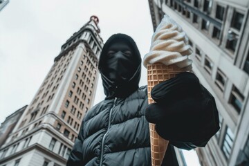 Winter Treat: Person in Warm Clothes Holding Giant Ice Cream Cone in Urban Setting.