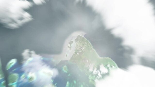 Earth zoom in from space to Kavieng, Papua New Guinea. Followed by zoom out through clouds and atmosphere into space. Satellite view. Travel intro. Images from NASA