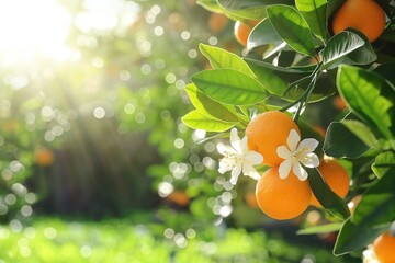 Photo of an Orange Tree With Hanging Oranges and White Flowers on a Sunny Day