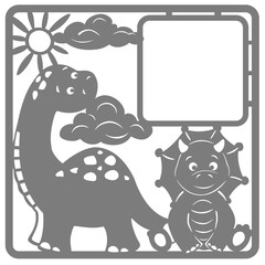 dinosaurs volcano contour photo frame. Vector illustration hand-drawn, silhouette of animals and objects,  on an isolated background.