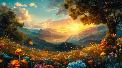 Stunning natural landscape with flowering plants and a mountain meadow in the background during a beautiful sunset. Springtime concept.