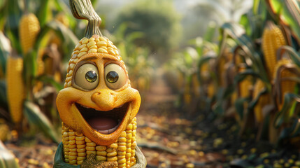 Cartoon illustration of a corn cob with a fictional character in a field planted with the same nutritious plant - obrazy, fototapety, plakaty