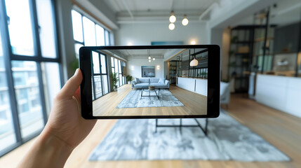First person view, a person uses a phone with augmented reality technology. Visualization of the interior of your home using a smartphone. 