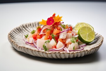 Tasty ceviche on a palm leaf plate against a white marble background