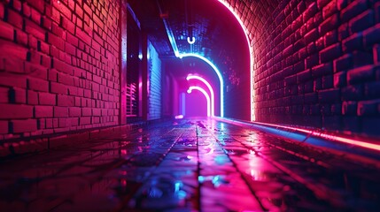 Photorealistic 3D illustration depicting a futuristic city street starting with an arch in a brick wall, illuminated by neon lighting, showcasing a cyberpunk-style city landscape.