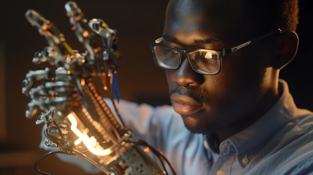Man With Glasses Holding Robot Hand