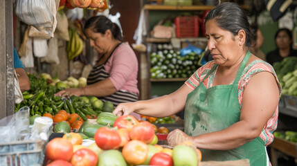 At a bustling vegetable stand, two women work side by side, one of them sporting a green apron as she assists customers with their selections.