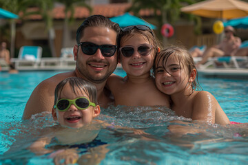 Obraz na płótnie Canvas A man and three children swim in the pool