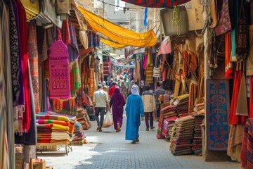 Fototapeta na wymiar A photo capturing the energy of a busy narrow street as pedestrians navigate through the bustling scene, Vibrant colors of a bustling Islamic Souk (marketplace), AI Generated
