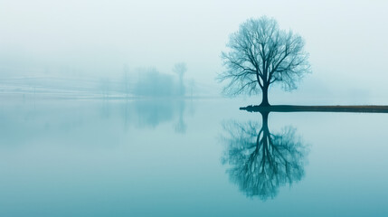 Lonely tree in a lake with reflection in style surrealism and minimalism. Concept of loneliness, melancholy and depression.