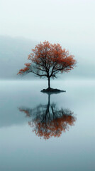 Lonely tree in a lake with reflection in style surrealism and minimalism. Concept of loneliness, melancholy and depression. Vertical Banner