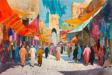 Obraz na płótnie Canvas This photo depicts a painting featuring a group of people walking down a bustling street, Vibrant colors of a bustling Islamic Souk (marketplace), AI Generated