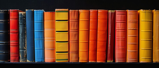 Stack of A row of colorful hardcover books with bold titles, levitating at an angle against a clean black background Studio lighting highlights the vibrant colors of the book spine