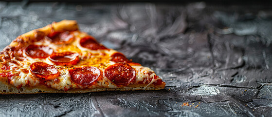 Slice of A single slice of pepperoni pizza with melted cheese, levitating at a tempting angle against a textured, dark gray stone wall Studio lighting highlights the delicious  - obrazy, fototapety, plakaty