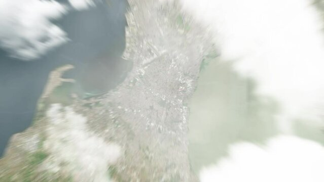 Earth zoom in from space to City of Paranaque, Philippines. Followed by zoom out through clouds and atmosphere into space. Satellite view. Travel intro. Images from NASA