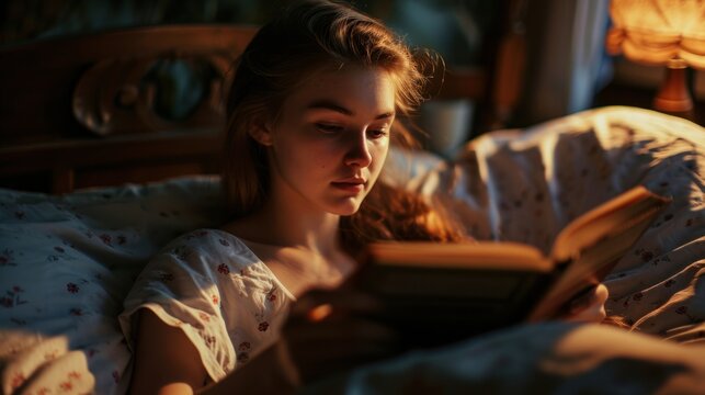 A girl is lying in bed and reading a book. She is wearing a white nightgown and her hair is brown. The room is dimly lit.