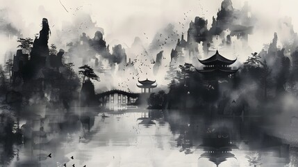 Black ink wash painting of a landscape with Japanese oriental style. - obrazy, fototapety, plakaty