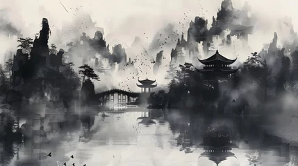 Photo sur Plexiglas Gris 2 Black ink wash painting of a landscape with Japanese oriental style.