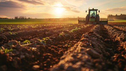 Tractor Plowing Field at Sunset
