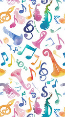 A pattern of musical notes and instruments in vibrant watercolor strokes, with a white background. The design includes various colors like pink, blue, yellow, orange, purple, green, and red, creating 