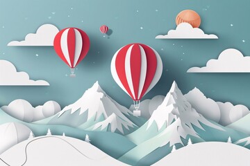 hot air balloons flying over mountains - Powered by Adobe