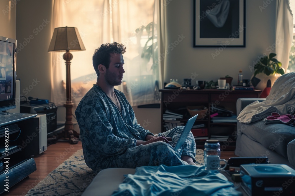 Poster a man is seated on a couch, using a laptop computer to perform various tasks, working from home in p