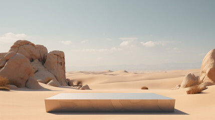 A stone podium for the product against the backdrop of the desert from the movie Dune
