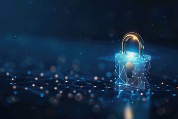 Illustration of a digital padlock for a computing system on a dark blue background, representing cyber security technology for fraud prevention and privacy data network protection.  - obrazy, fototapety, plakaty