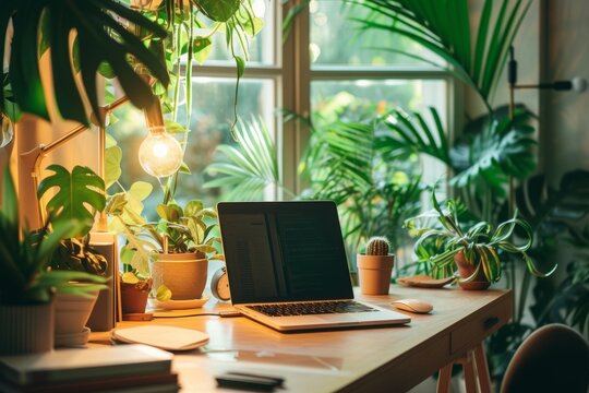 A laptop computer is placed on top of a sturdy wooden desk, Workplace in a home filled with plants for fresh environment, AI Generated