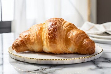 Tempting croissant on a rustic plate against a white marble background