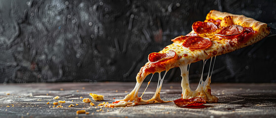 Slice of A single slice of pepperoni pizza with melted cheese, levitating at a tempting angle against a textured, dark gray stone wall Studio lighting highlights the delicious top - obrazy, fototapety, plakaty
