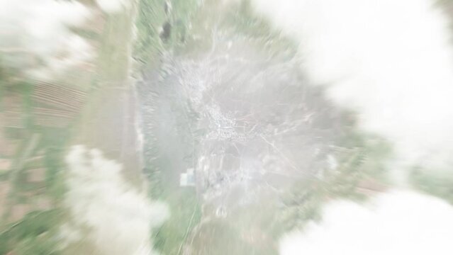 Earth zoom in from space to Darhan, Mongolia. Followed by zoom out through clouds and atmosphere into space. Satellite view. Travel intro. Images from NASA