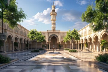 A mosque stands proudly in the courtyard, with a minaret reaching towards the sky. The buildings facade boasts intricate arches and symmetry, surrounded by lush plants and trees - obrazy, fototapety, plakaty