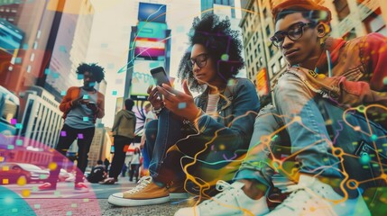 Man and Woman Sitting, Using Cell Phones - obrazy, fototapety, plakaty