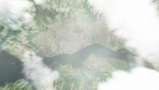 Earth zoom in from space to Nampo, North Korea. Followed by zoom out through clouds and atmosphere into space. Satellite view. Travel intro. Images from NASA