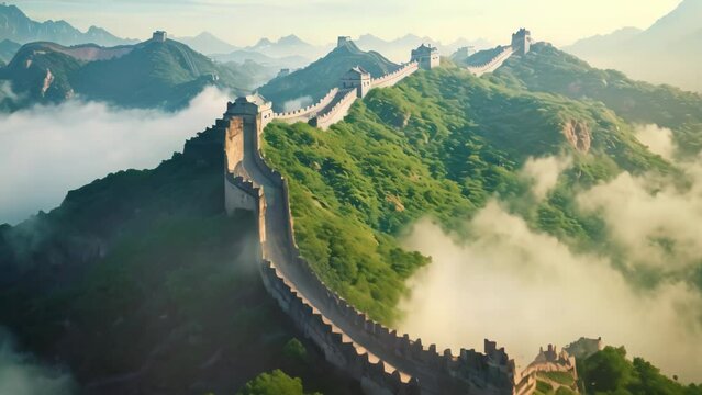 Majestic Great Wall of China over the misty morning landscape, The Great Wall of China in the mist , lying long, surrealist view from drone photography, 8k , AI Generated