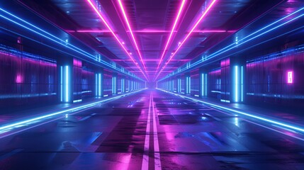 Photorealistic 3D illustration portraying a beautiful neon night scene in a cyberpunk city, with an empty street illuminated by blue neon lights.