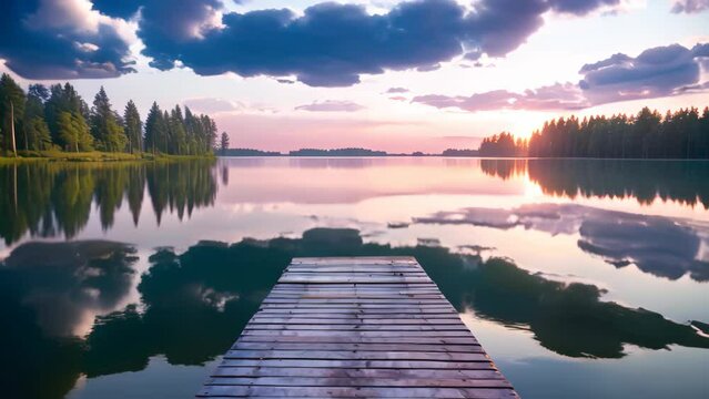 Wooden pier on a lake at sunset. Beautiful summer landscape, Small boat dock and beautiful sunset landscape view with a huge lake, AI Generated