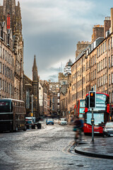 The cobbled street of Lawnmarket, part of the famous Royal Mile in Edinburgh Old Town, Scotland