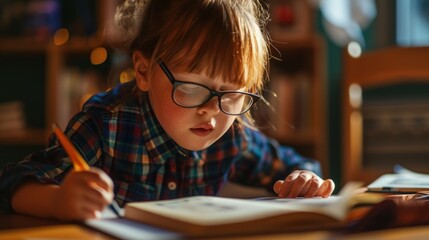A little girl with Down syndrome wearing glasses sits at a table and writes in a book with a pencil. There is a bookshelf in the background of the room.
