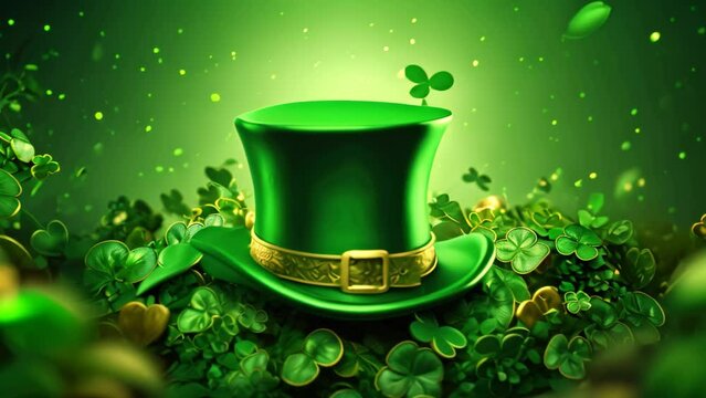 Green leprechaun hat on green background with clover leaves, St. Patrick's Day composition with green beer, shamrock, leprechaun hat, horseshoe and musical instruments on brown, AI Generated